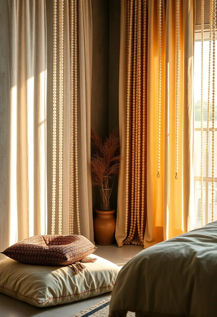 Close-Up of Glass‍ Beads and ‌Wooden Elements on a Hippie-Chic Curtain ‌Reflecting Natural ⁤light