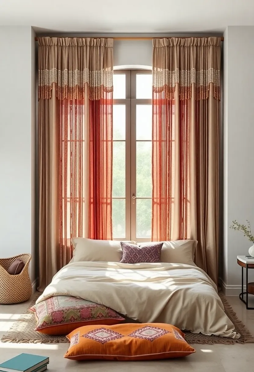 A Boho Bedroom Window ‍Draped with Cascading Beaded ⁣Curtains⁣ in Earth and ⁣Jewel Tones, Casting ​Unique Shadows