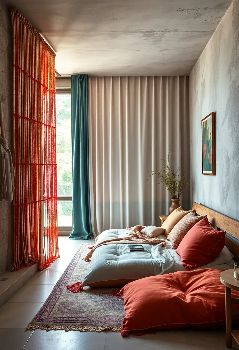A Relaxing ⁣Zen Corner Featuring Plush Floor‍ Pillows ​and ⁢Colorful beaded Curtains Swirling in a Gentle breeze