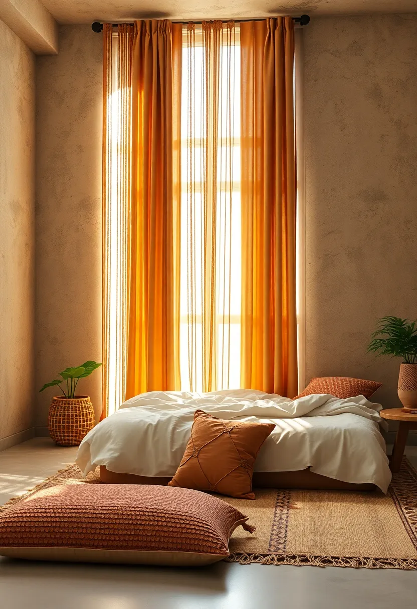 Sunlight⁣ Filtering⁣ Through⁤ Earth-Toned Beaded Curtains⁢ Illuminating​ a ‌Cozy Pillow-Filled ‌Floor ​lounge