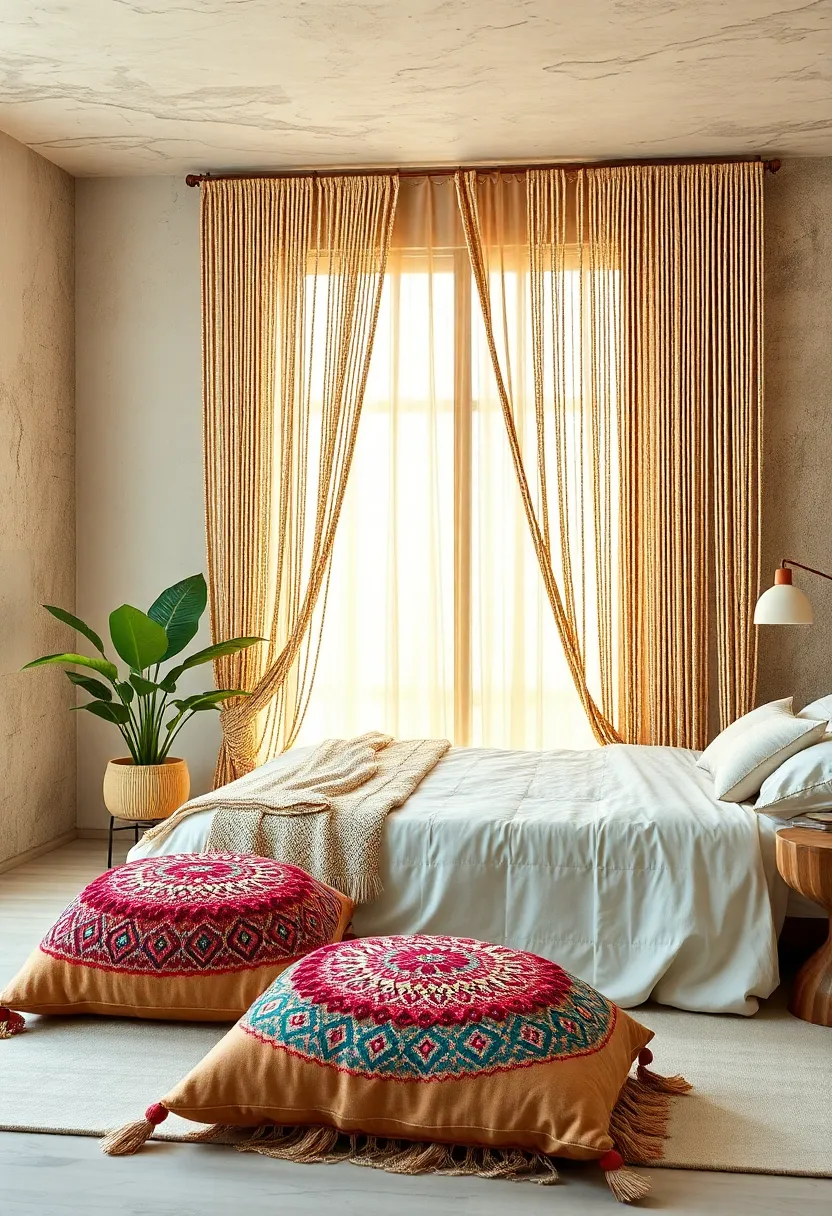 Hippie-Chic Bedroom Detailing Intricately Beaded Curtain Panels‌ and plush ‍Handmade⁤ Floor Pillows