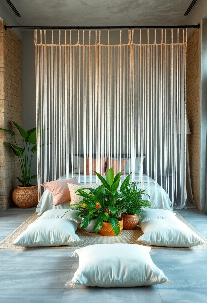 Soft, Earth-Toned Floor ⁢Cushions Surrounding a Low Table with Crystals, Incense, and Potted ‍Plants