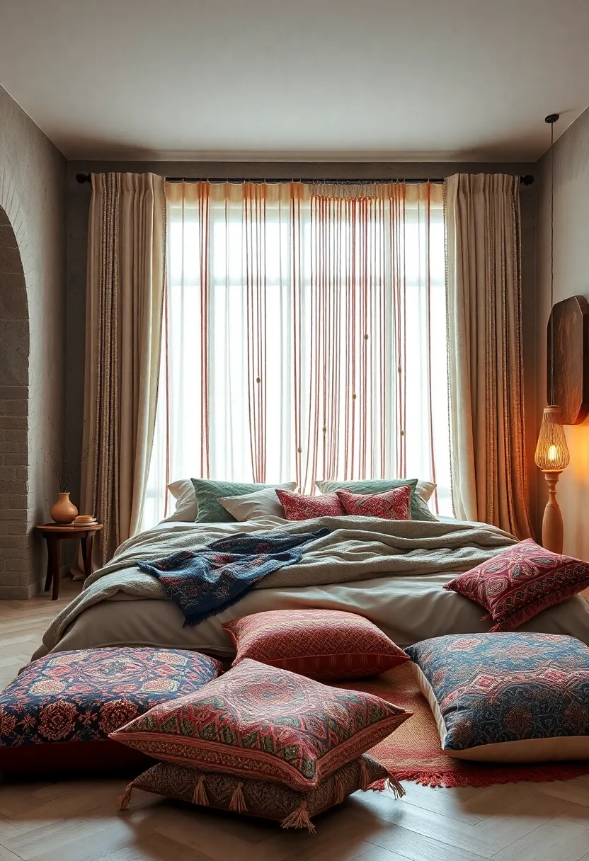 An⁣ eclectic ⁣Mix⁤ of‍ Patterned Floor Cushions paired with Delicate Beaded Curtains Against Rustic Plaster Walls