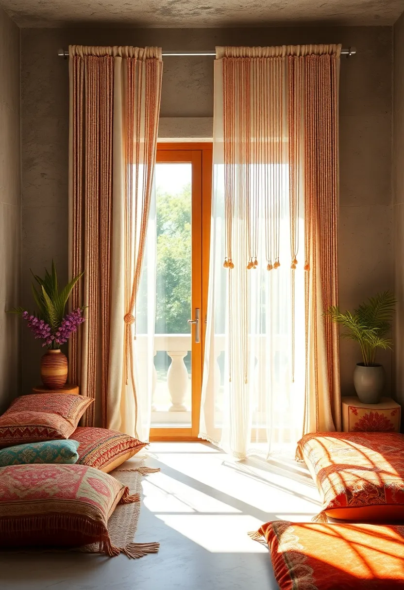 Translucent ⁢Beaded ‍Curtains Catching Light with Rainbow Hues Against a Dreamy Bedspread‌ and Canopy
