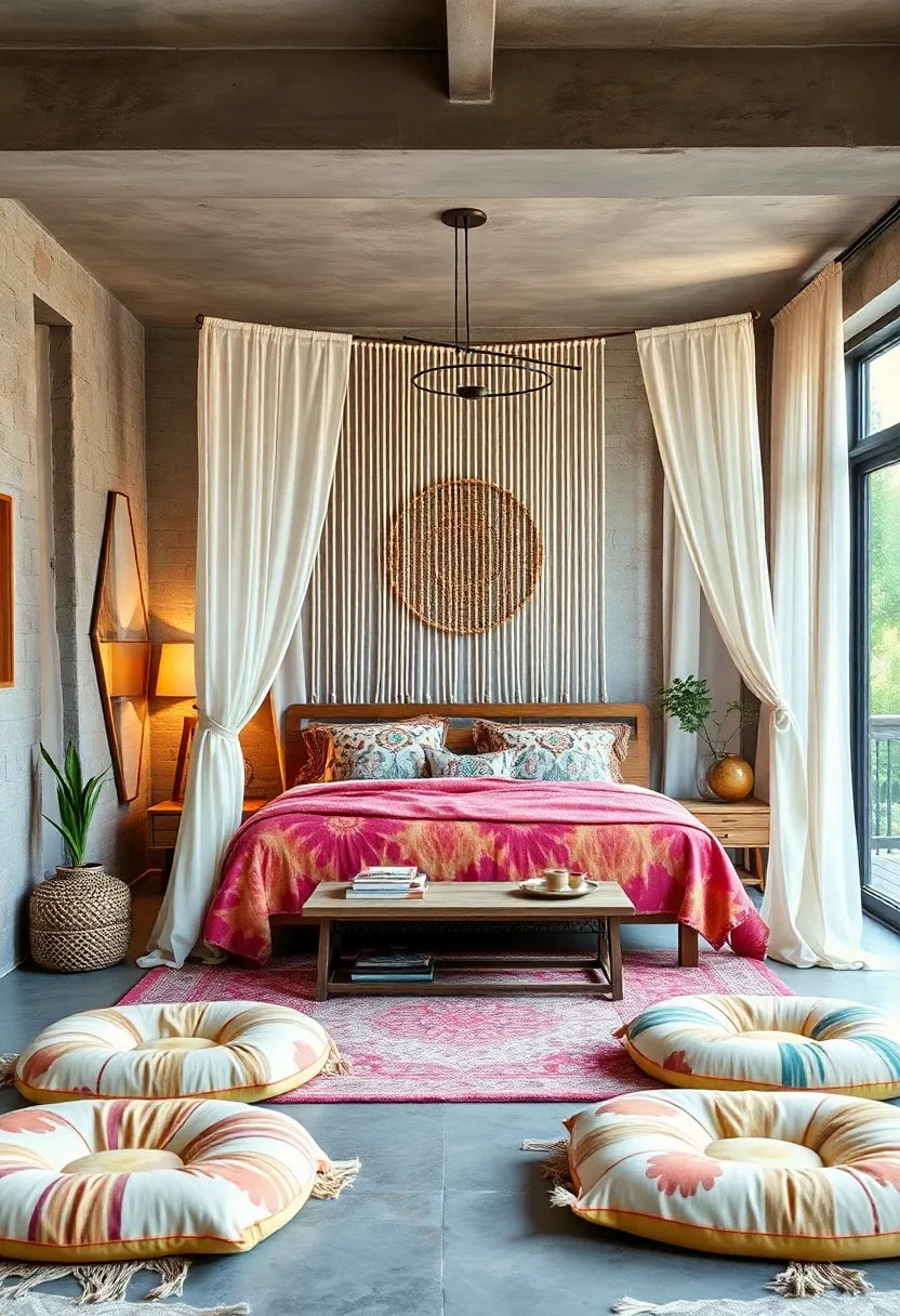 A Vintage Hippie-Chic Bedroom​ featuring Tie-Dye ‌Fabrics, Beaded Curtain Doorways, and⁤ Plush Floor Cushions