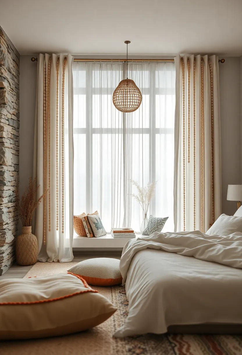 Beaded Curtains Made of Natural Elements Like Wood and Stone Beads Framing a Minimalist Reading Nook