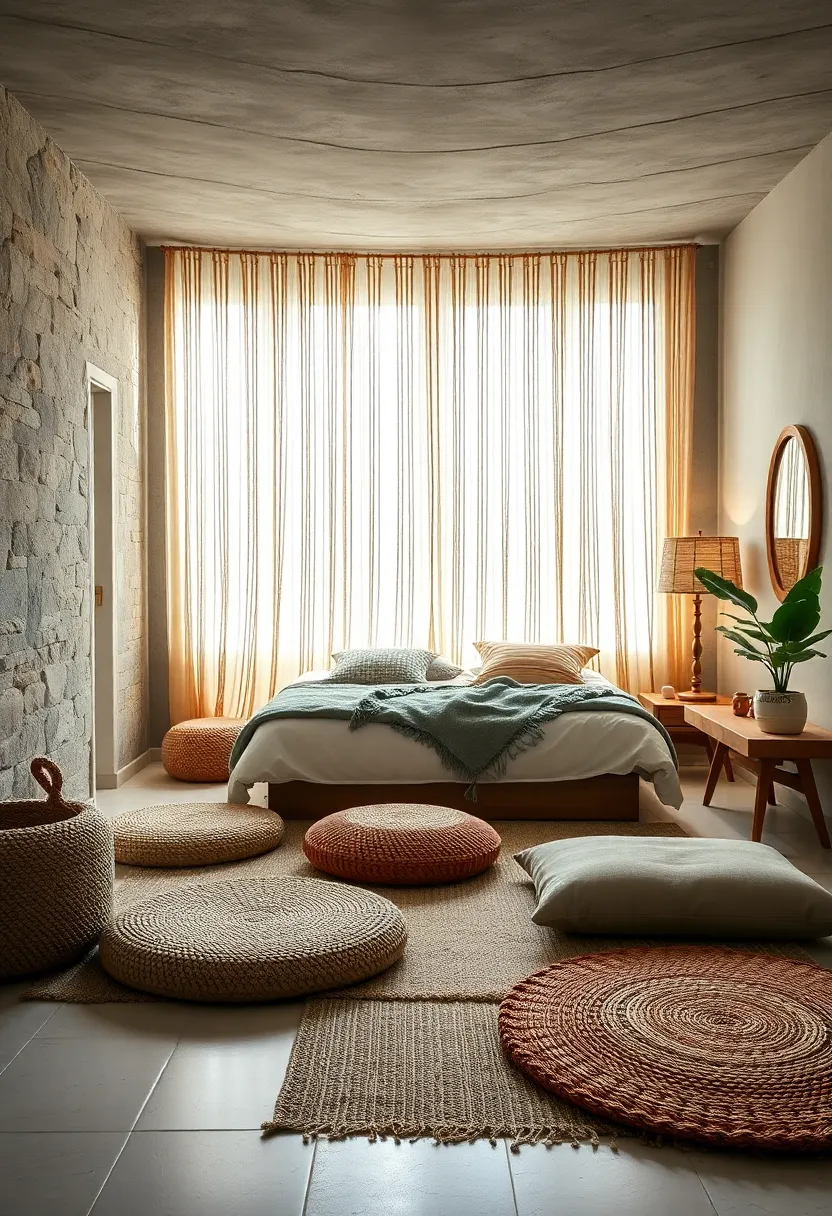 A Peaceful Sleeping area ‍with Woven Floor Cushions and⁢ Beaded Curtains Creating‍ a ⁢Soothing Atmosphere