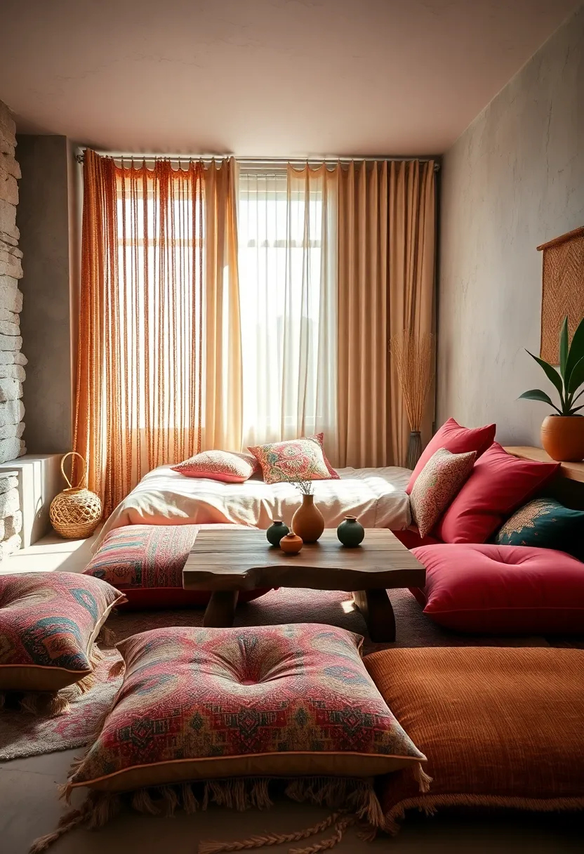 Vibrant Multicolored Floor Cushions Arranged Comfortably Around a Low Rustic wooden Table in ⁣a ‌Cozy Nook