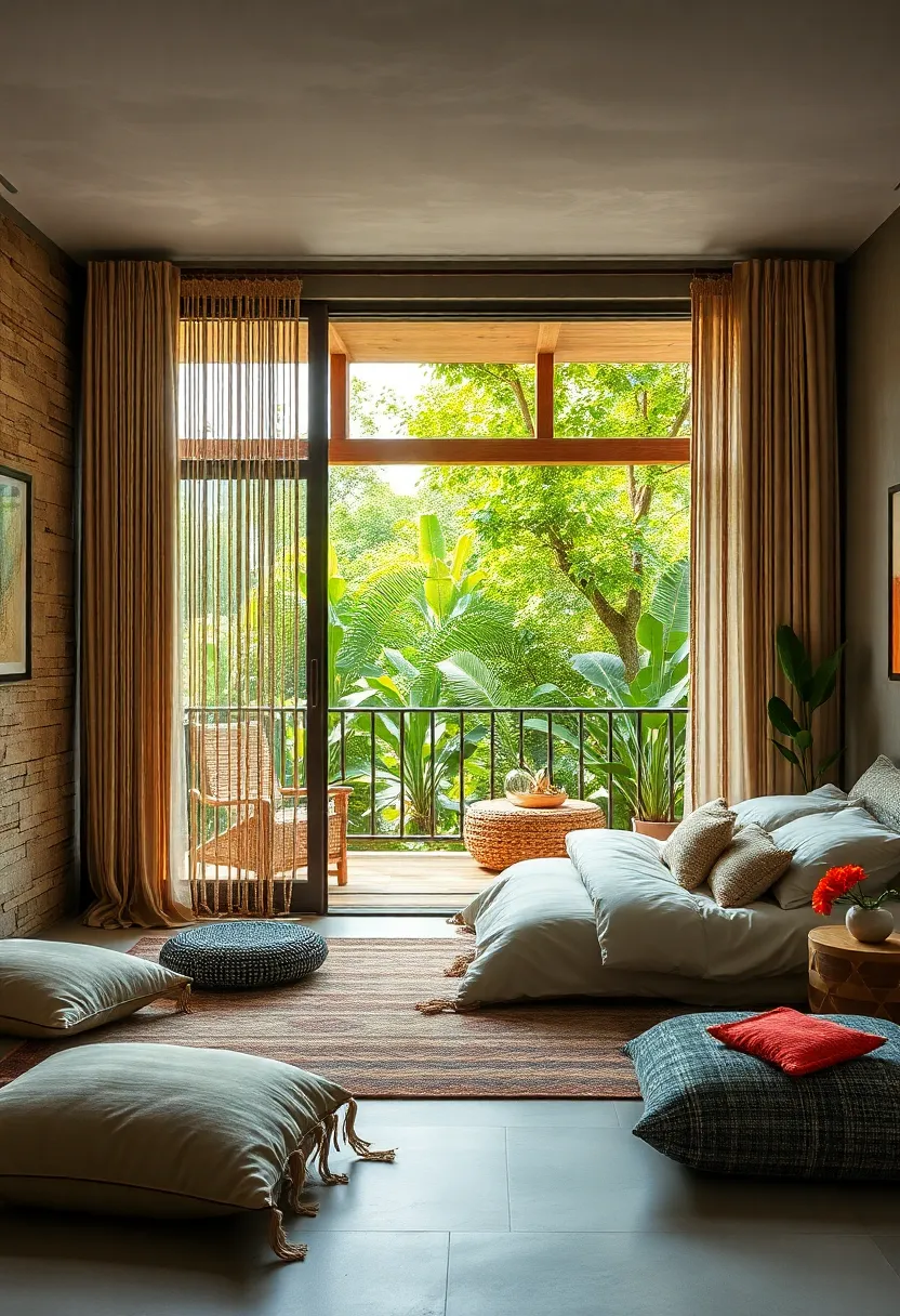 A Bedroom⁢ with Earthy Tones‌ and ⁢Beaded ‌Curtains Framing an Open‌ Balcony Overlooking​ lush Greenery