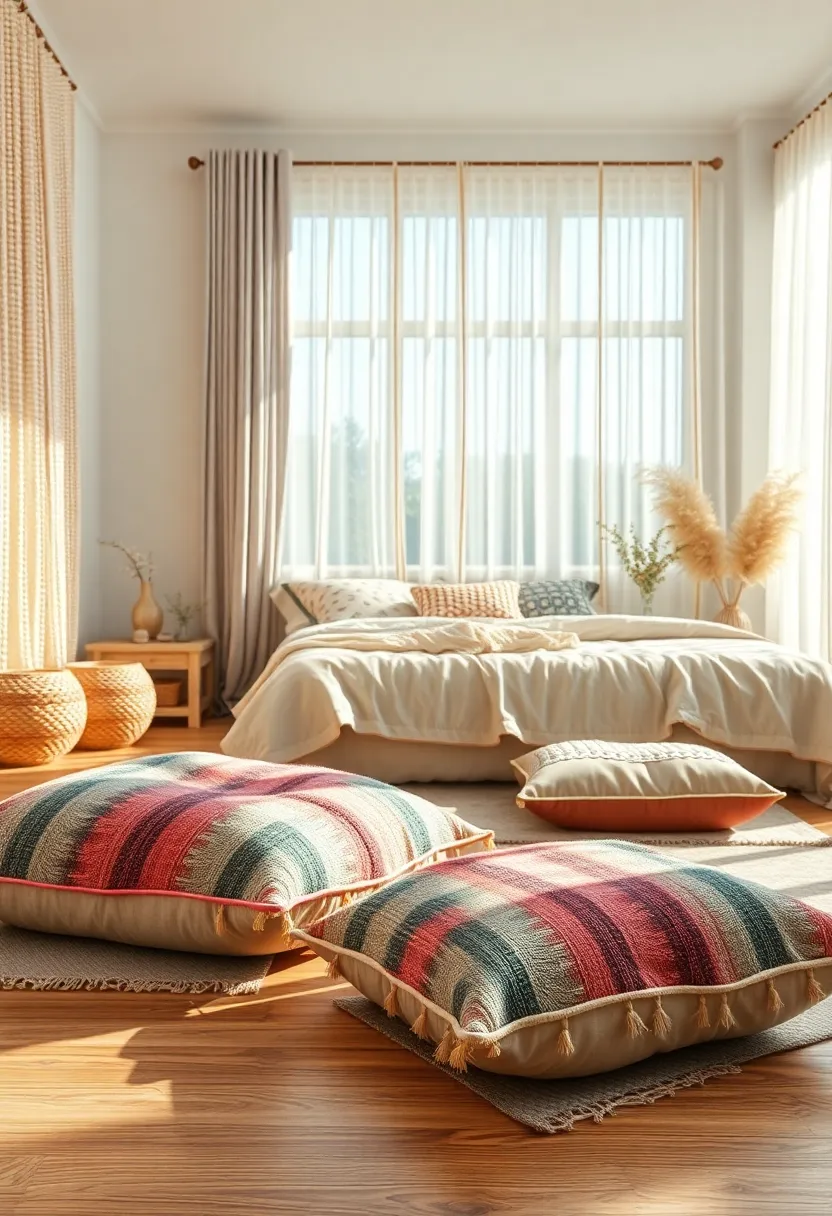 Close-Up of Playful Mixed-Material Floor Cushions on a Sun-Drenched Wooden Floor with Beaded Curtain Accents