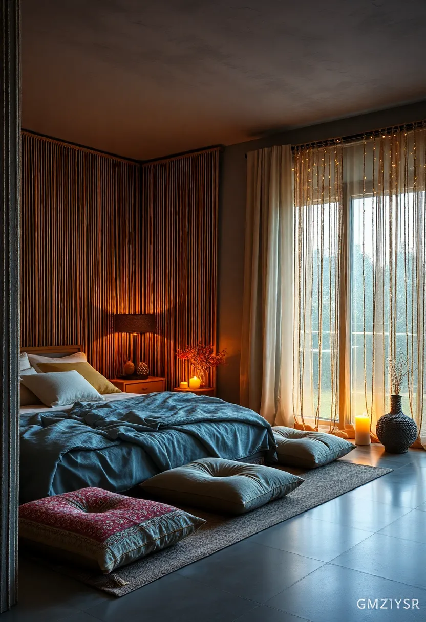 A Moody ⁢Evening Scene with Softly Lit Floor Cushions and Sparkling Beaded ⁤Curtains⁣ Reflecting Candlelight