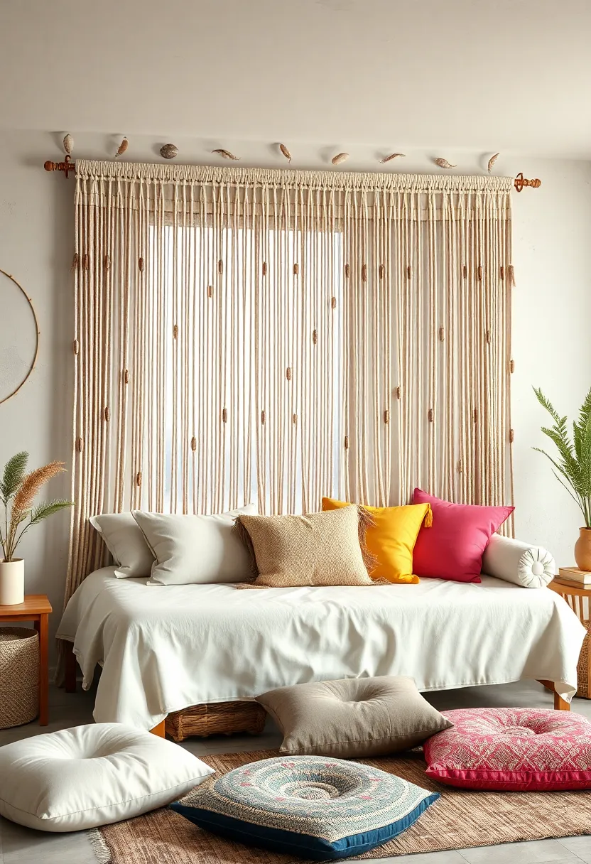Rustic Beaded Curtains with Feather​ and Shell ⁢Details Hanging Behind‍ a Daybed⁣ Laden​ with Cozy Pillows