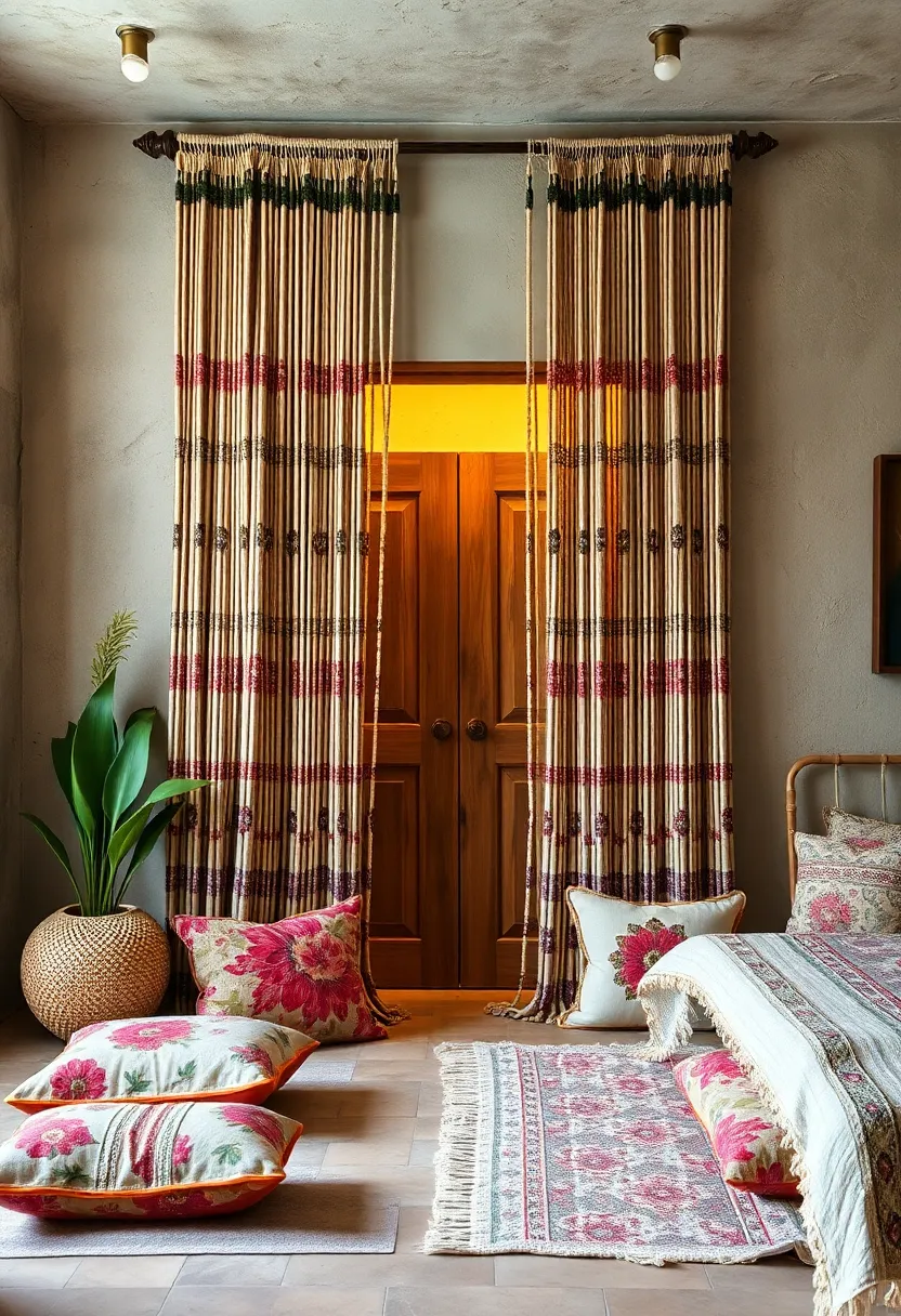 Handwoven Beaded ⁤Curtain Panels Featuring Floral and Geometric⁢ Patterns Draped Over⁤ a⁤ Rustic Door‌ Frame