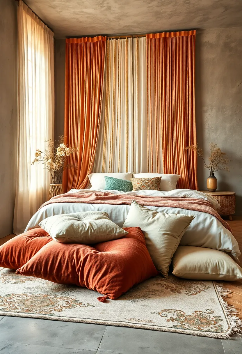 floor Cushions⁢ of Various⁤ Sizes and⁤ Textures‌ Piled Casually on⁢ a ‍Distressed Vintage​ Rug in a Peaceful Ambiance