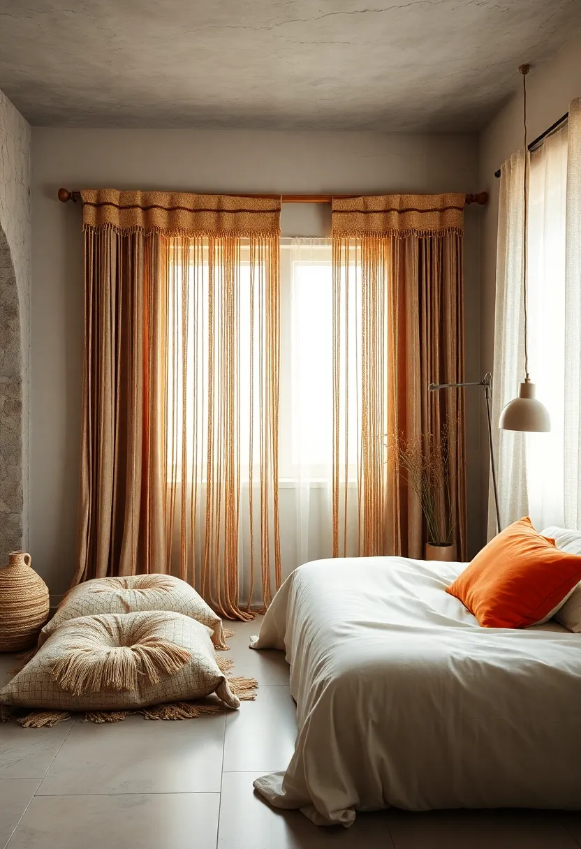 Natural Jute ⁢Floor Cushions Paired with Tasseled Beaded Curtains and a Vintage Floor Lamp in a Quiet Space