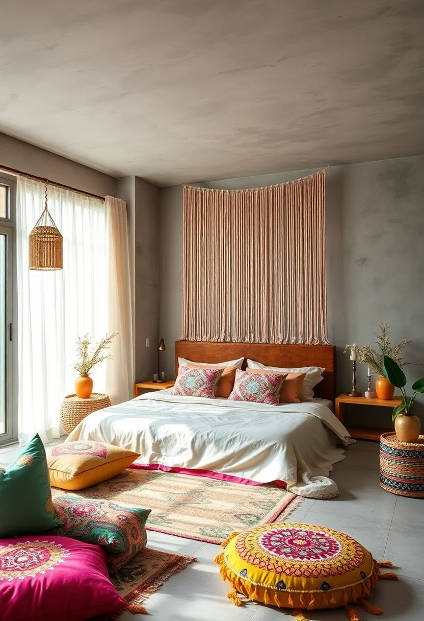 A Colorful Hippie ‍Retreat Showcasing Layered floor Cushions and Dangling Beaded Curtains with Natural Motifs