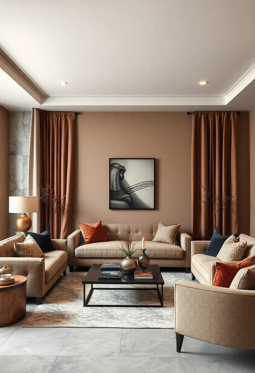 Warm Taupe Shades Enveloping a Room Decorated with Metallic Accents and Velvet Drapes