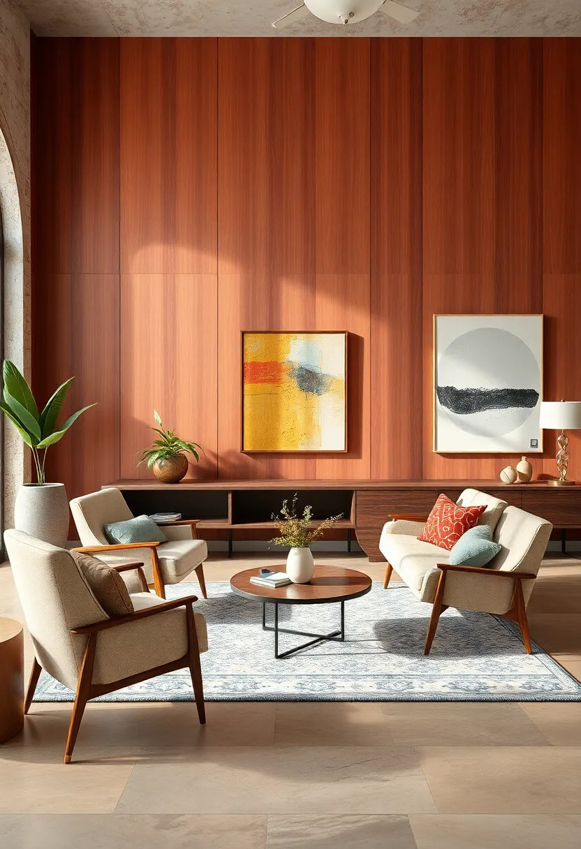 Delicate Rosewood Walls complementing Mid-century Modern Chairs and Abstract Art Pieces