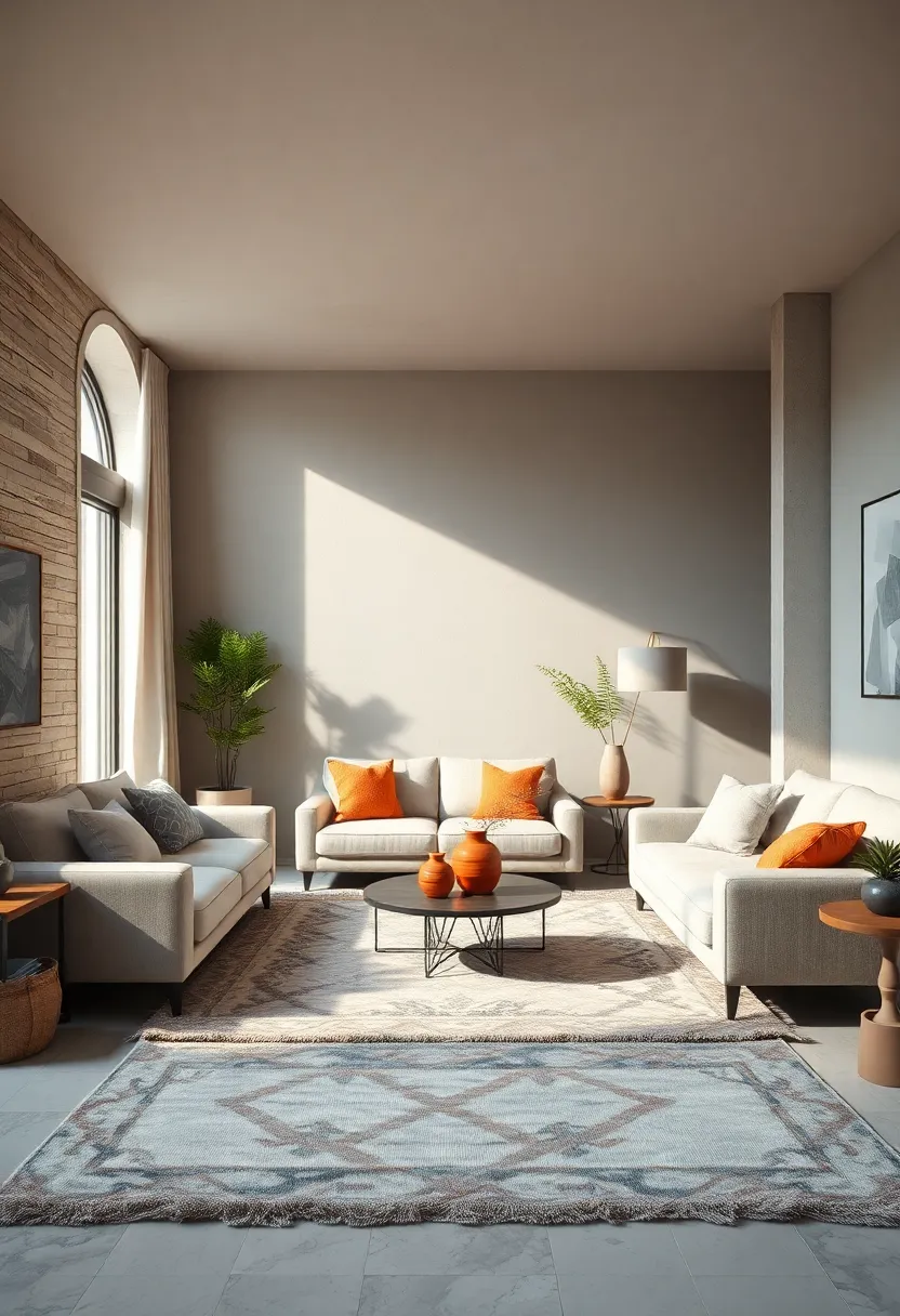 Subtle Warm Gray Background Setting a Calm Scene with Plush Area Rugs and Flowing Curtains