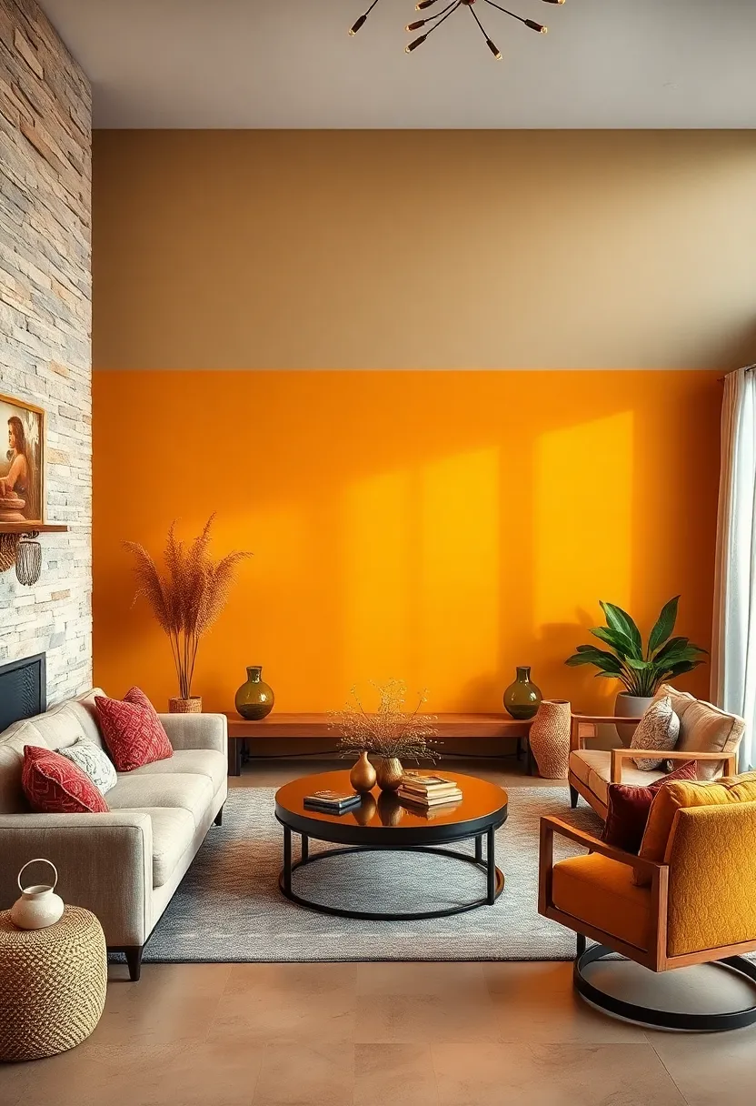 Golden Amber Walls Reflecting the Glow of Sunset in a Bohemian Styled Lounge Area
