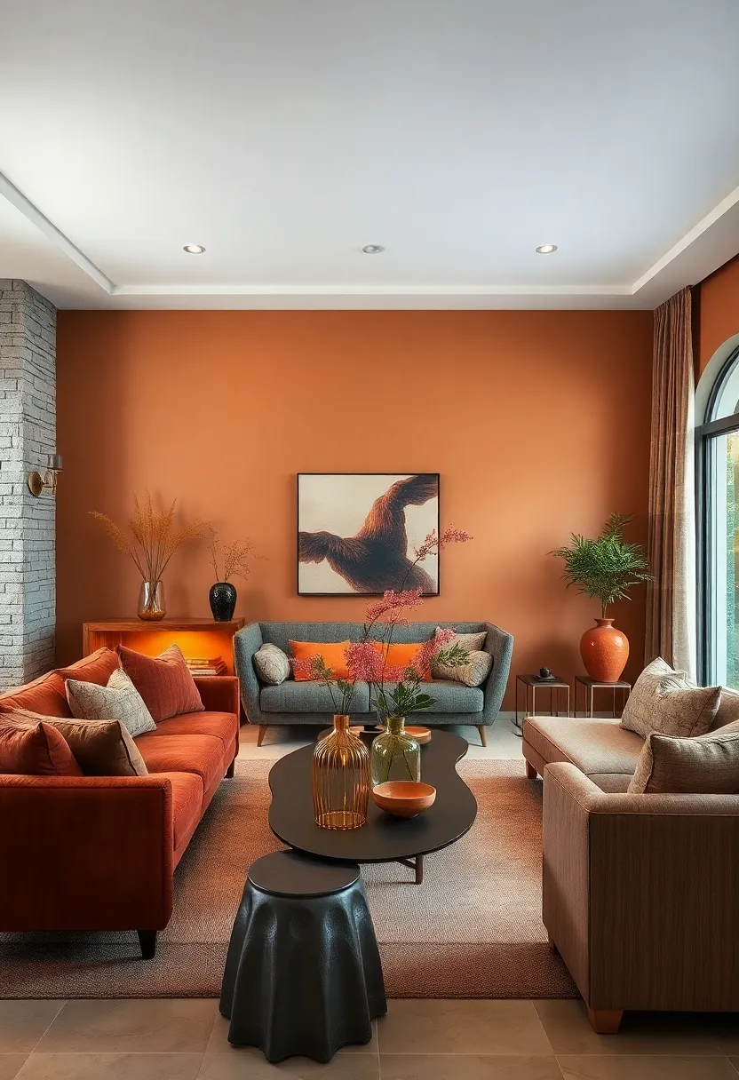 Amber Glow Reflected in Glass Vases and brass Fixtures Against a Meatball Wall Paint