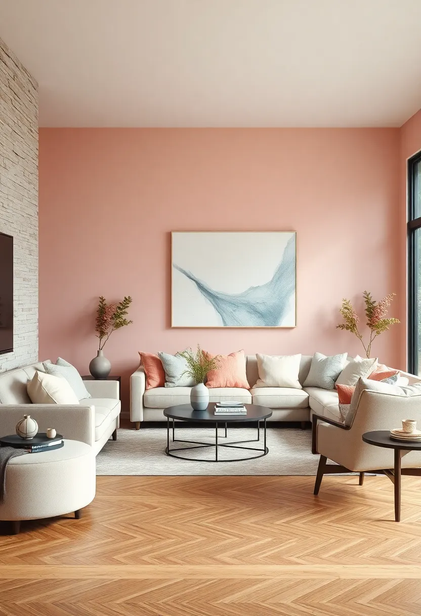 Blush-Infused Neutrals Complementing Soft Wooden Floors and Pastel Throw Pillows