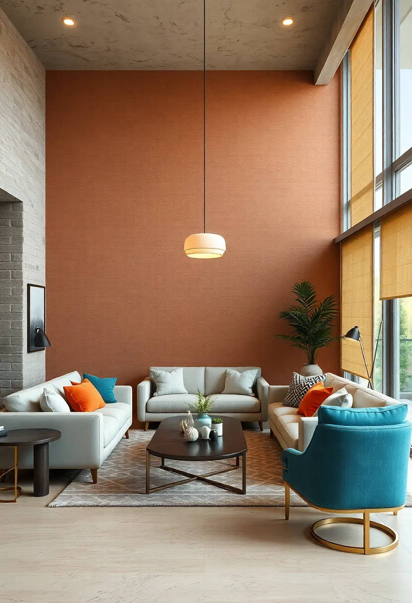 Burnt Sienna Surrounding a Fireplace with Cozy seating and Soft Ambient Lighting
