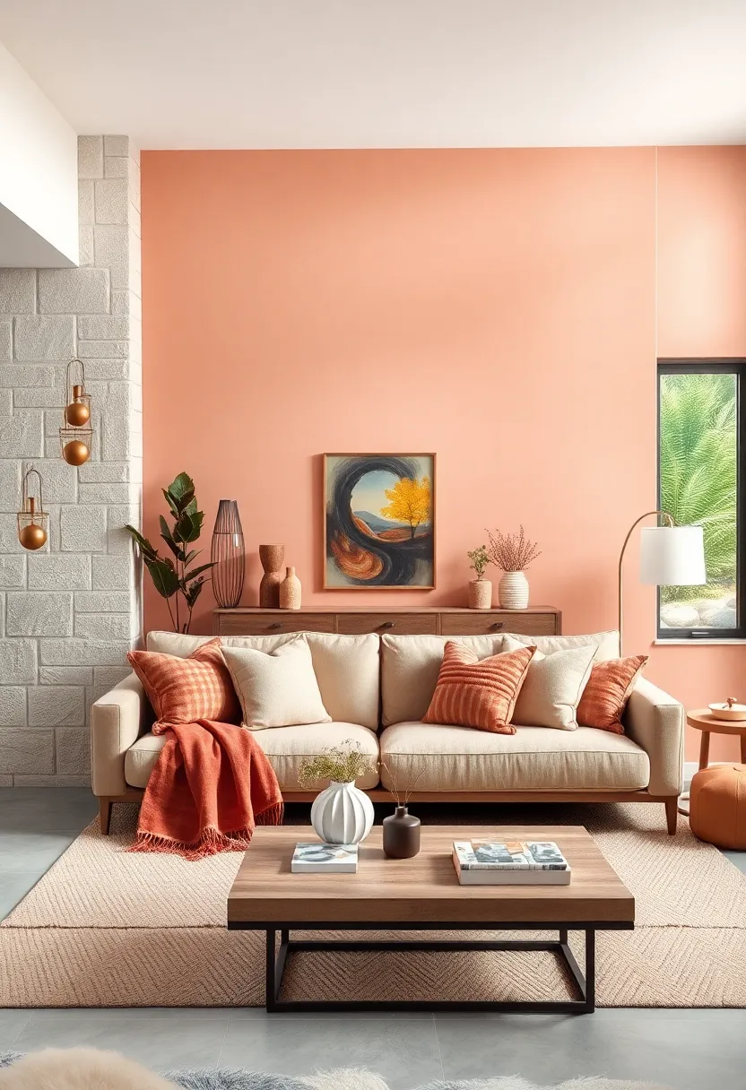 Muted Peach and Blush Walls Surrounding a Comfortable Sofa with Layered Cushions and Throws