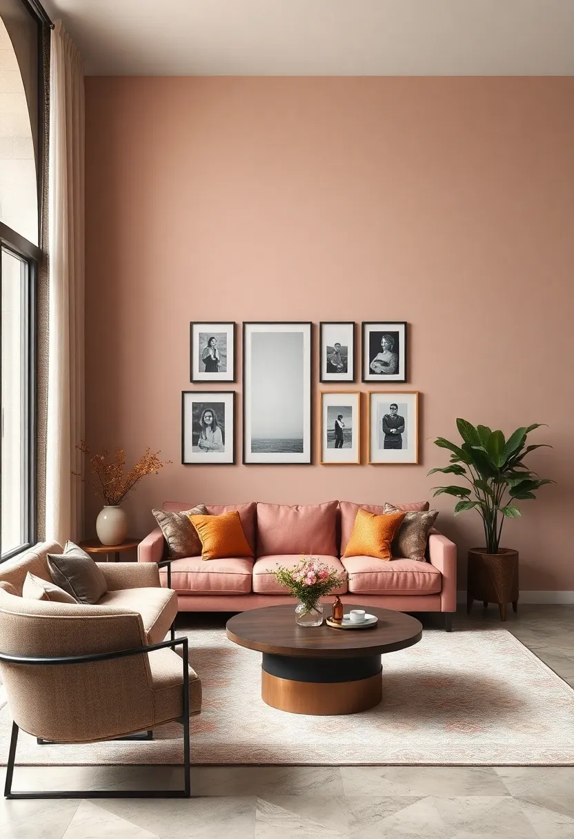 Warm Blush Tones Framing a Gallery Wall of Personal Photographs and Art Prints