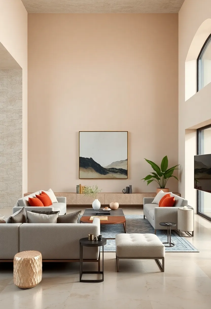 Creamy Almond Walls Highlighting modern Art and Low-Slung Seating Arrangements