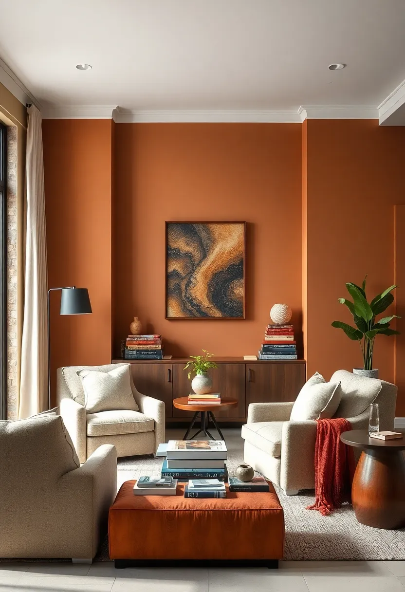 Neutral Warm Hues Embracing a Reading Nook with Overstuffed Chairs and Stacked Books