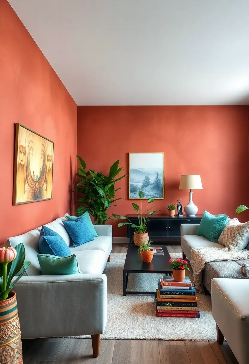 Terracotta Accent Walls Creating an Inviting Corner with Potted Plants and Vintage Books