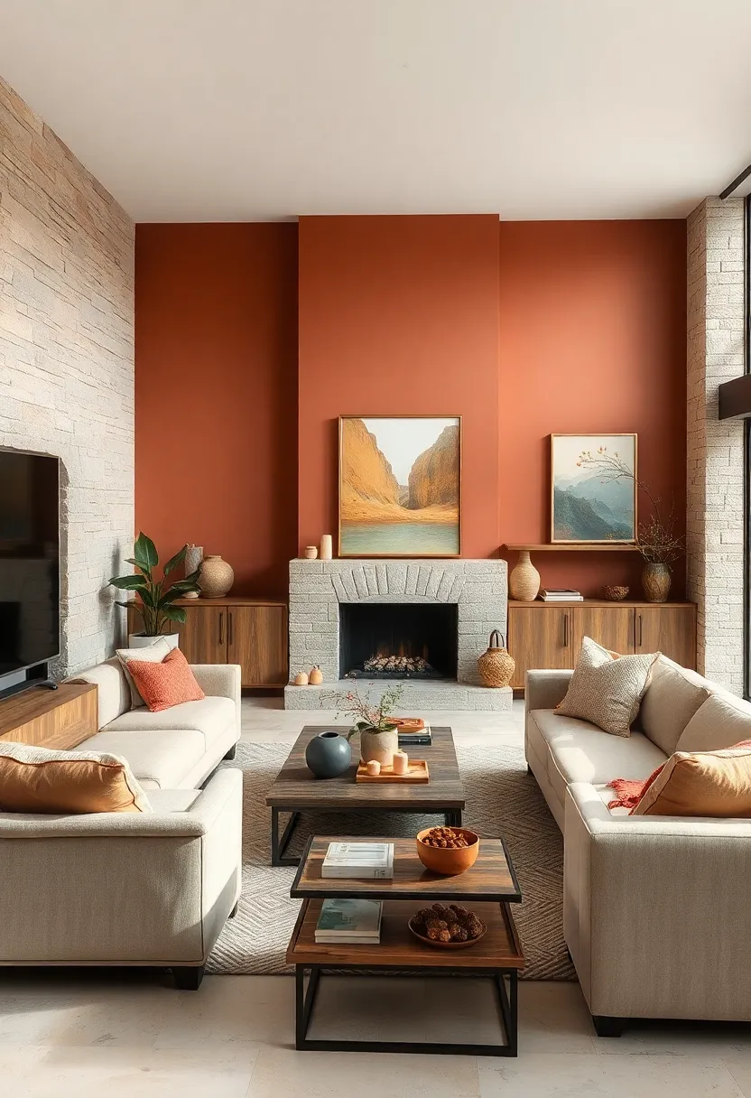 A Living Space Bathed in Earthy Warmth Featuring Clay Tones and Rustic Wood elements