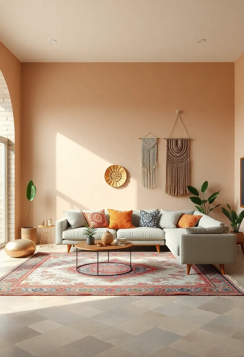 Peachy Beige Walls Supporting Eclectic Boho Rugs and Macrame Wall Hangings