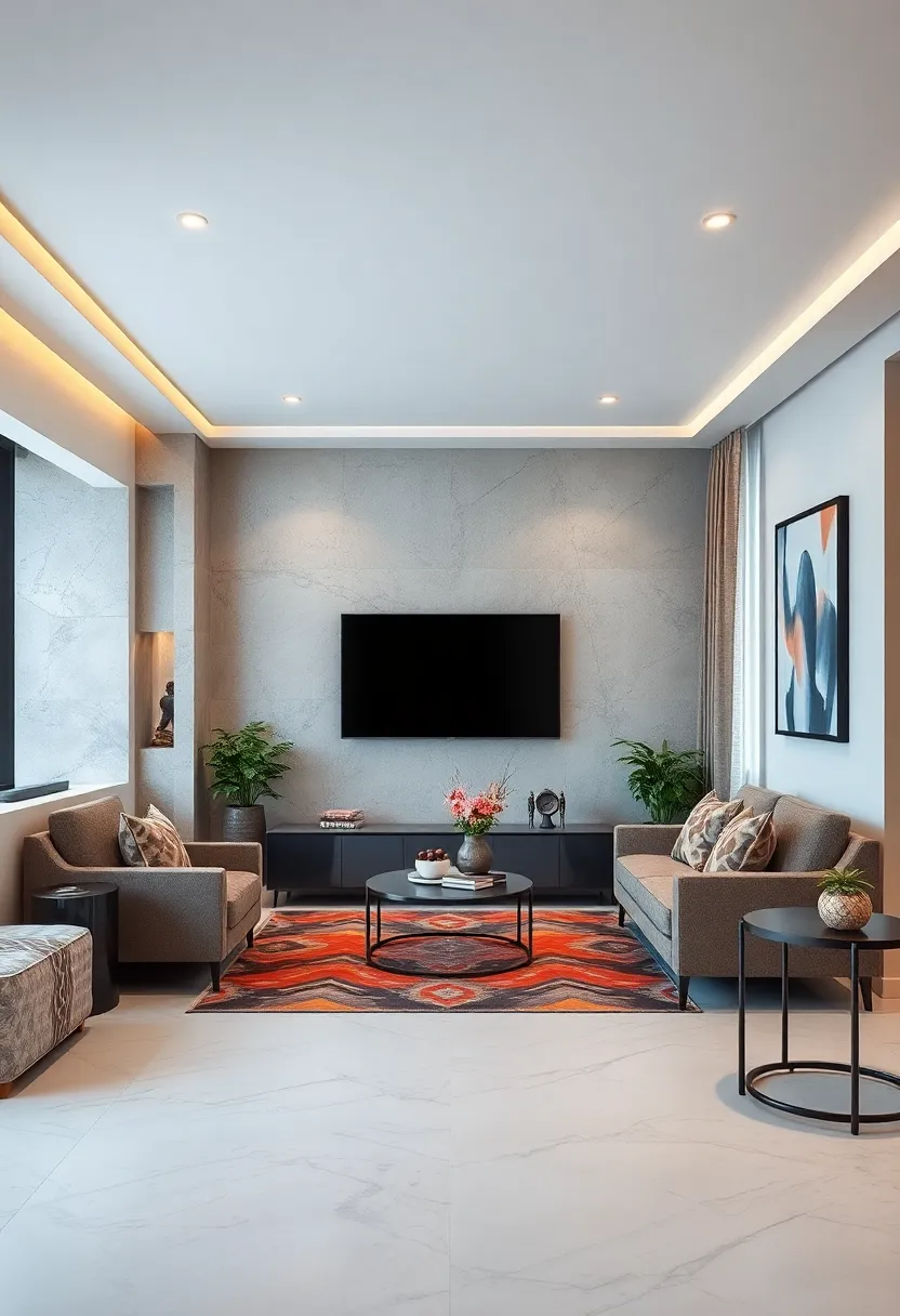 Contrasting Bold Patterns and simple TV Frames to ⁣Create⁤ Dynamic⁢ Visual ⁢Interest in Living Rooms