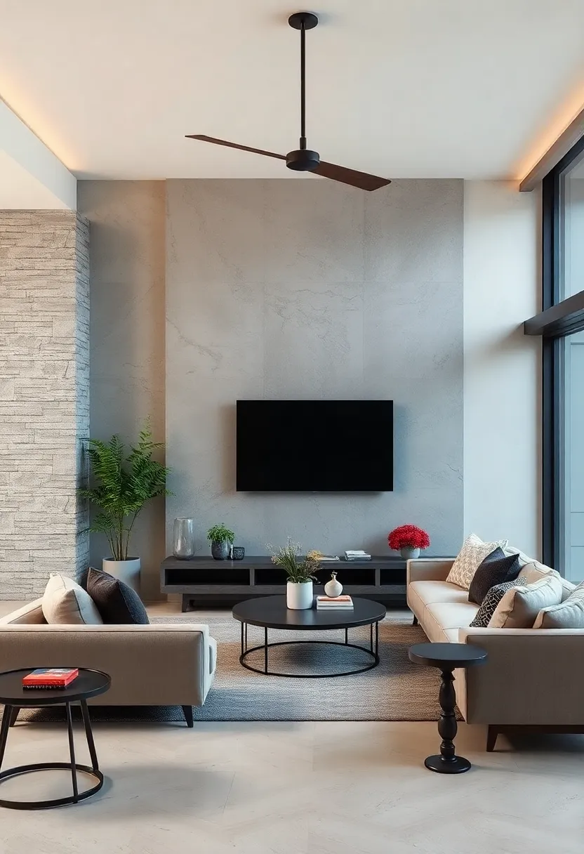 Merging Industrial Accents and Sleek Tech in ‌Living Room Designs Centered Around a wall-mounted TV