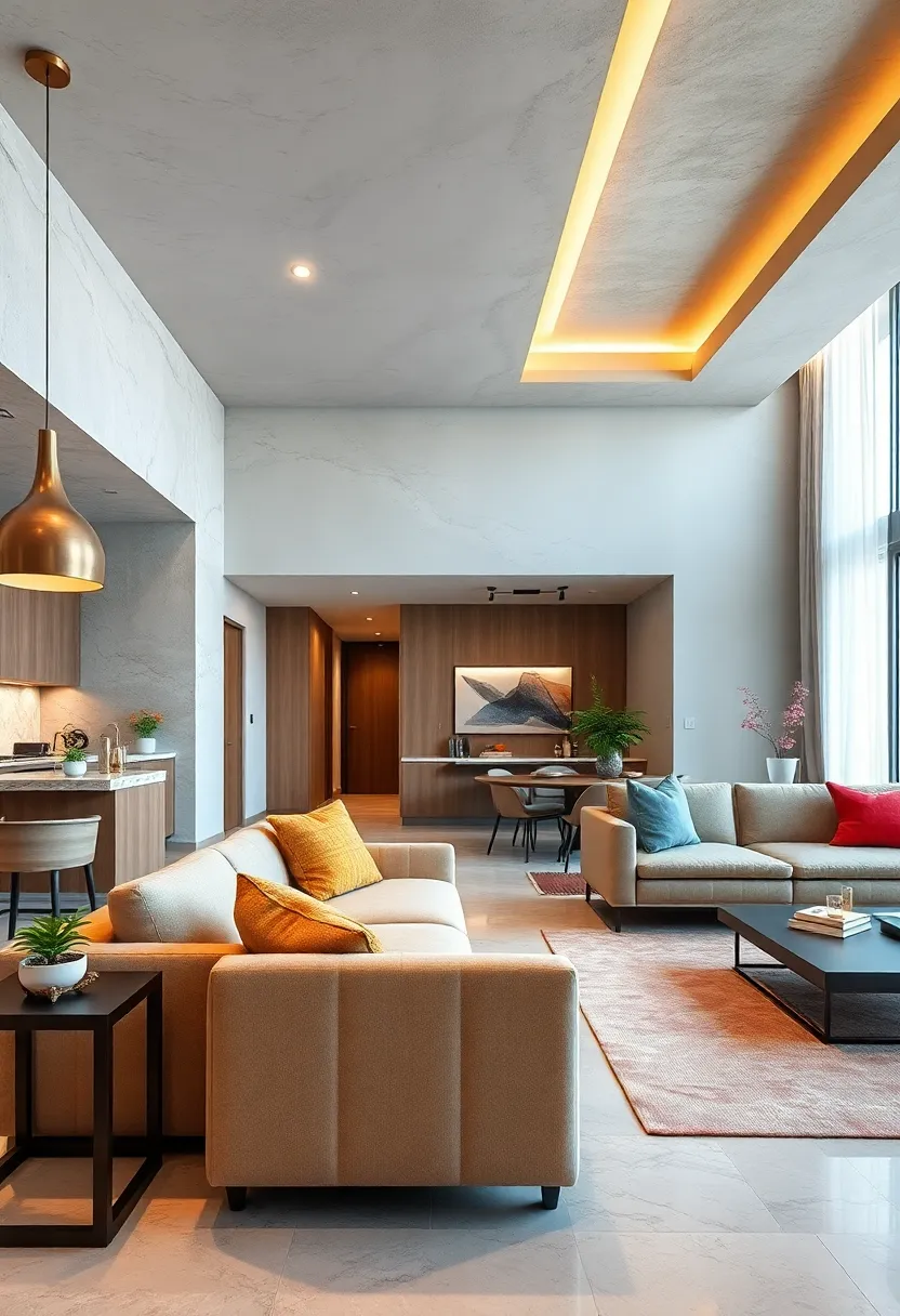 Design an open-concept living area⁣ that seamlessly integrates ⁢the kitchen, dining, and lounge spaces