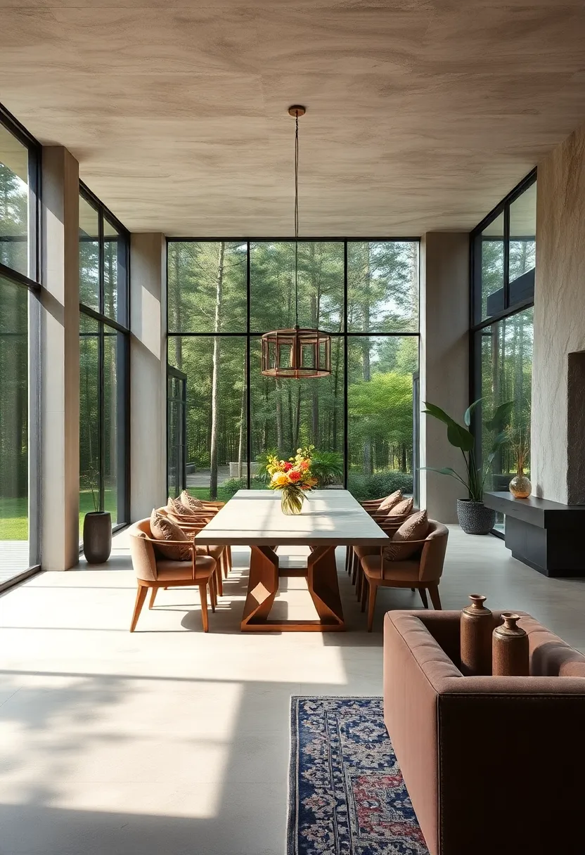 an expansive ⁢dining space framed by floor-to-ceiling ‌glass walls that invite‌ the serene⁤ beauty of the surrounding forest inside