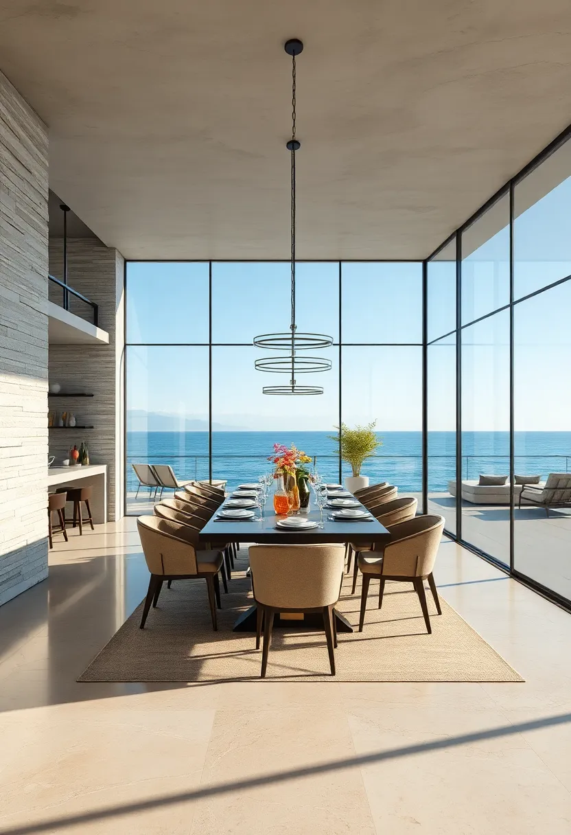 A coastal-inspired luxury‍ dining room where glass walls perfectly capture ocean vistas, ‍merging indoor luxury with outdoor⁤ tranquility