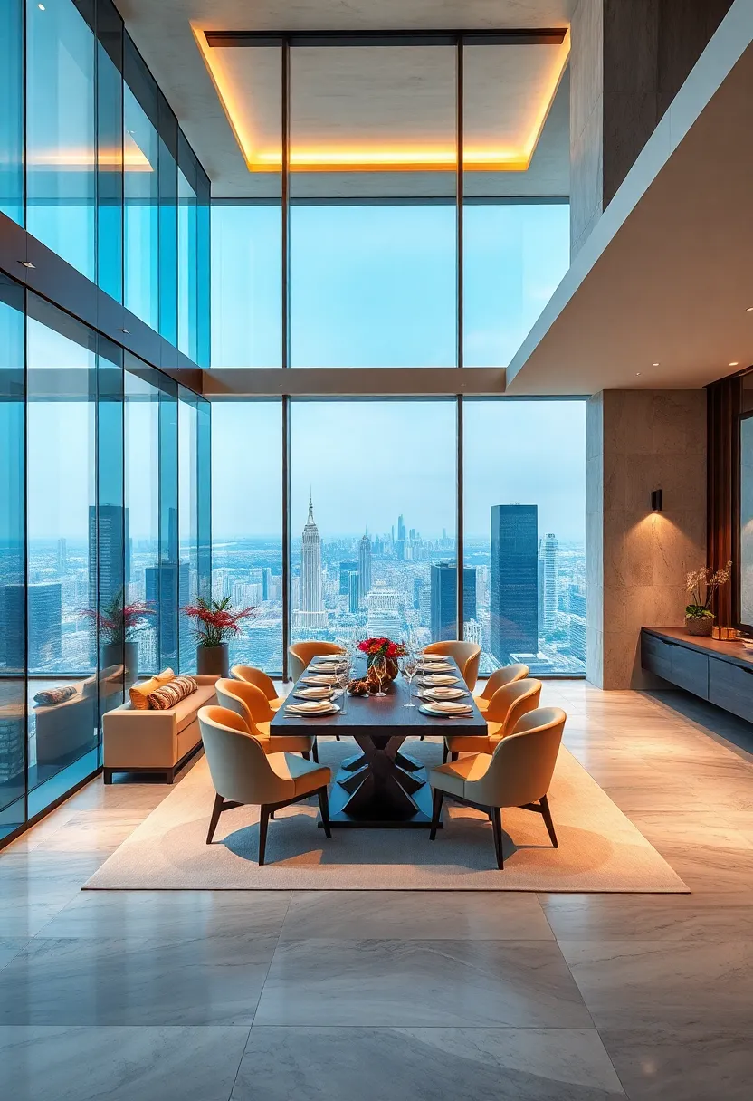 A high-rise⁢ luxury dining room with glass walls that provide sweeping cityscape views,perfect for stylish⁢ entertaining