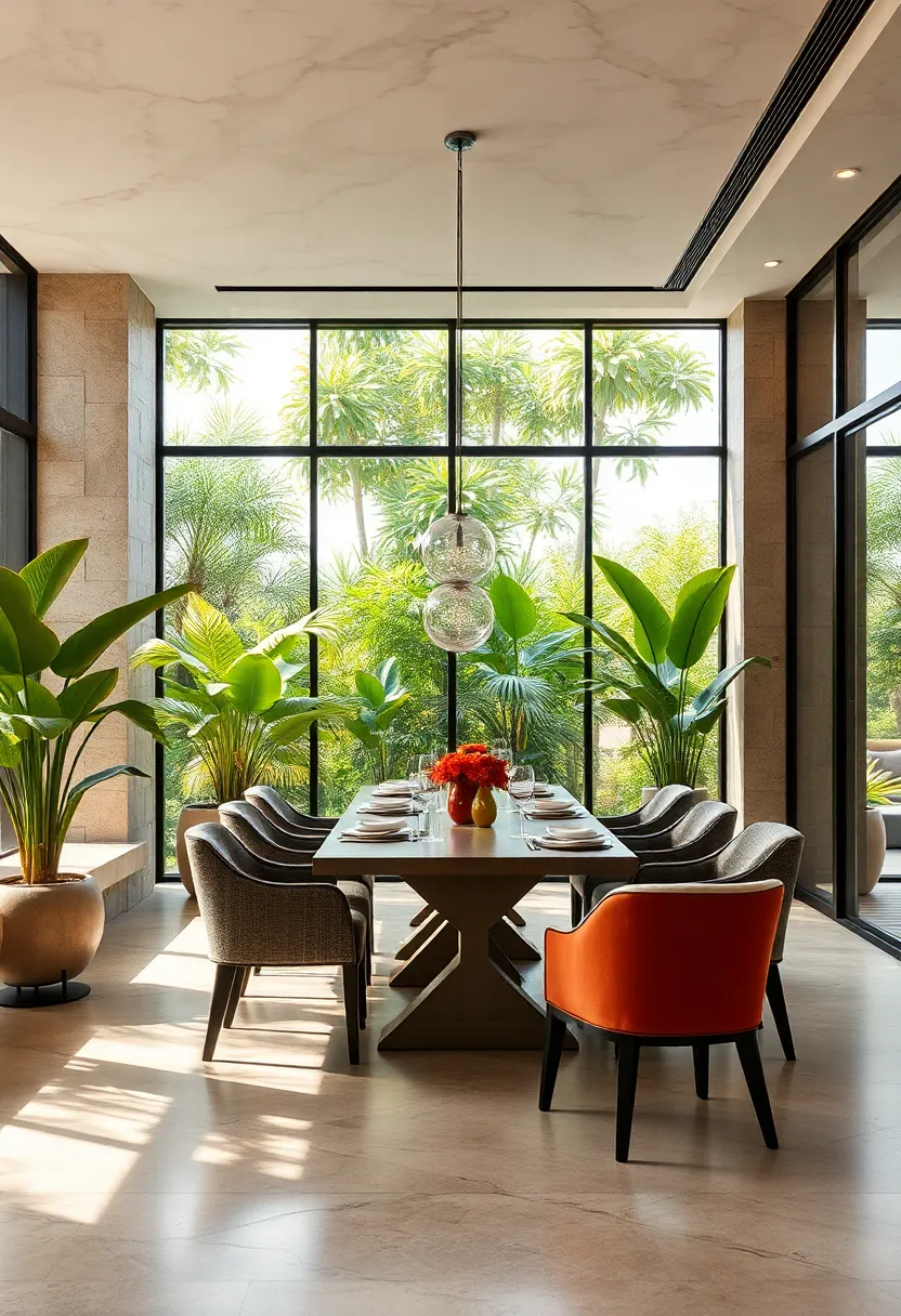 A luxurious dining room with ⁣glass walls accented by lush indoor greenery, creating a ​seamless ‌transition between interior and nature
