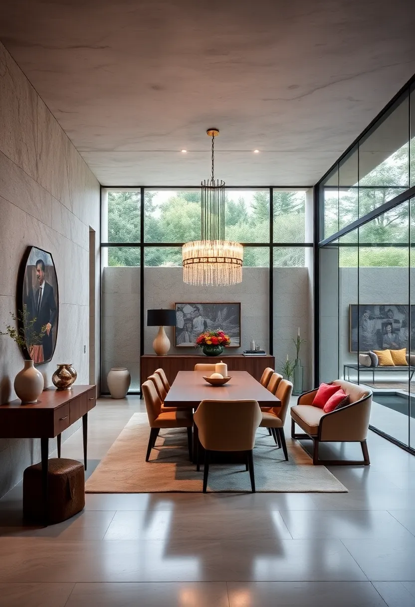 A⁤ glass-walled dining room ‌paired with a statement ⁢chandelier and rich wood accents, balancing modern transparency with classic warmth