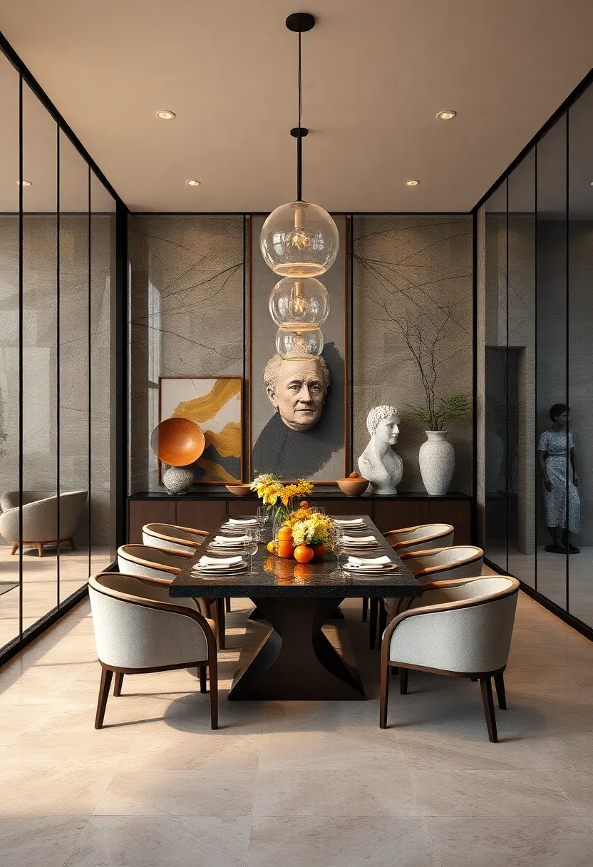 A modern dining space where transparent glass ‍walls highlight an impressive collection‍ of art and sculptural pieces, ​merging ⁤culture with elegance