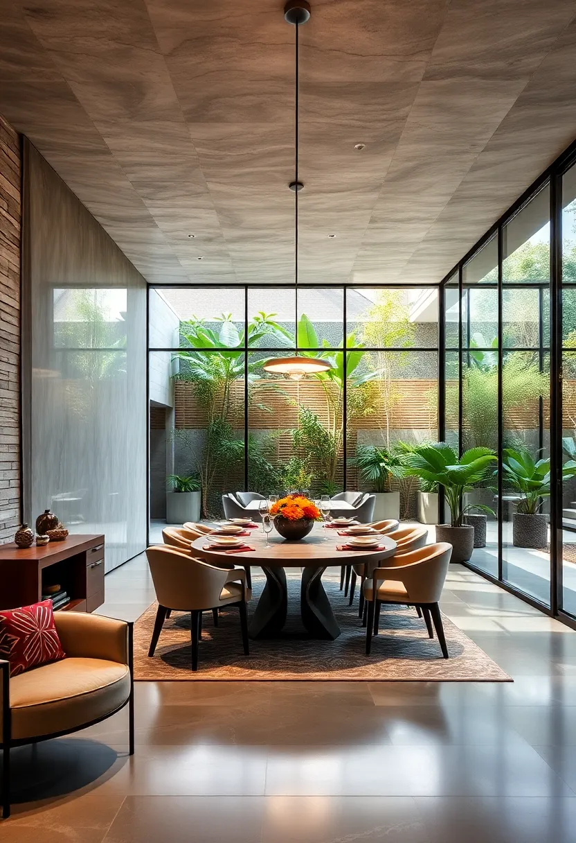 A dazzling dining room where crystal-clear glass walls open to ⁢a private courtyard, merging indoor elegance with outdoor beauty