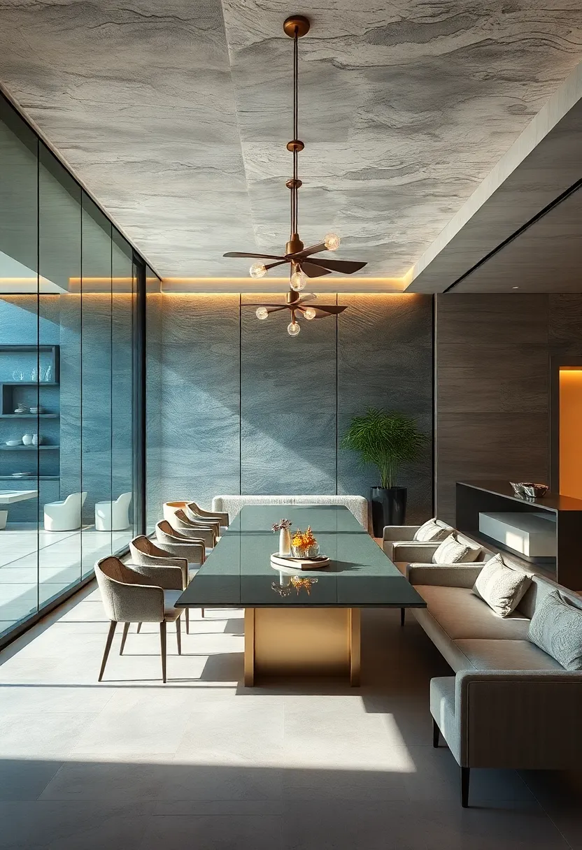 An avant-garde dining space⁤ where ⁢tinted and textured glass walls combine for a contemporary, artistic aesthetic