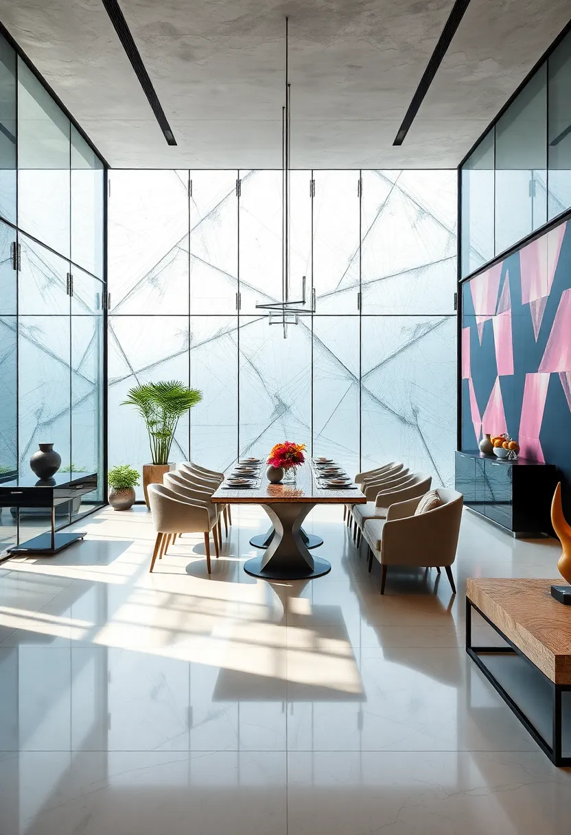 An⁣ opulent ‌dining room with glass walls accented by​ bold geometric‍ patterns, adding a dynamic artistic flair to the space