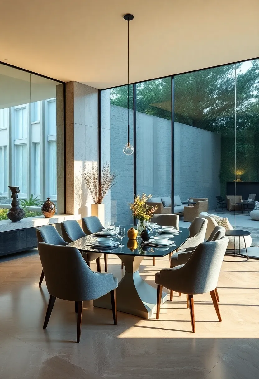 A⁤ tranquil glass-walled dining area ‍enhanced by soft ambient ​lighting and elegant furnishings that epitomize ⁣understated luxury