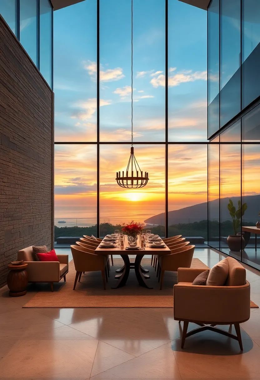 A striking dining room ⁢featuring floor-to-ceiling glass panels ⁢that highlight dramatic mountain views