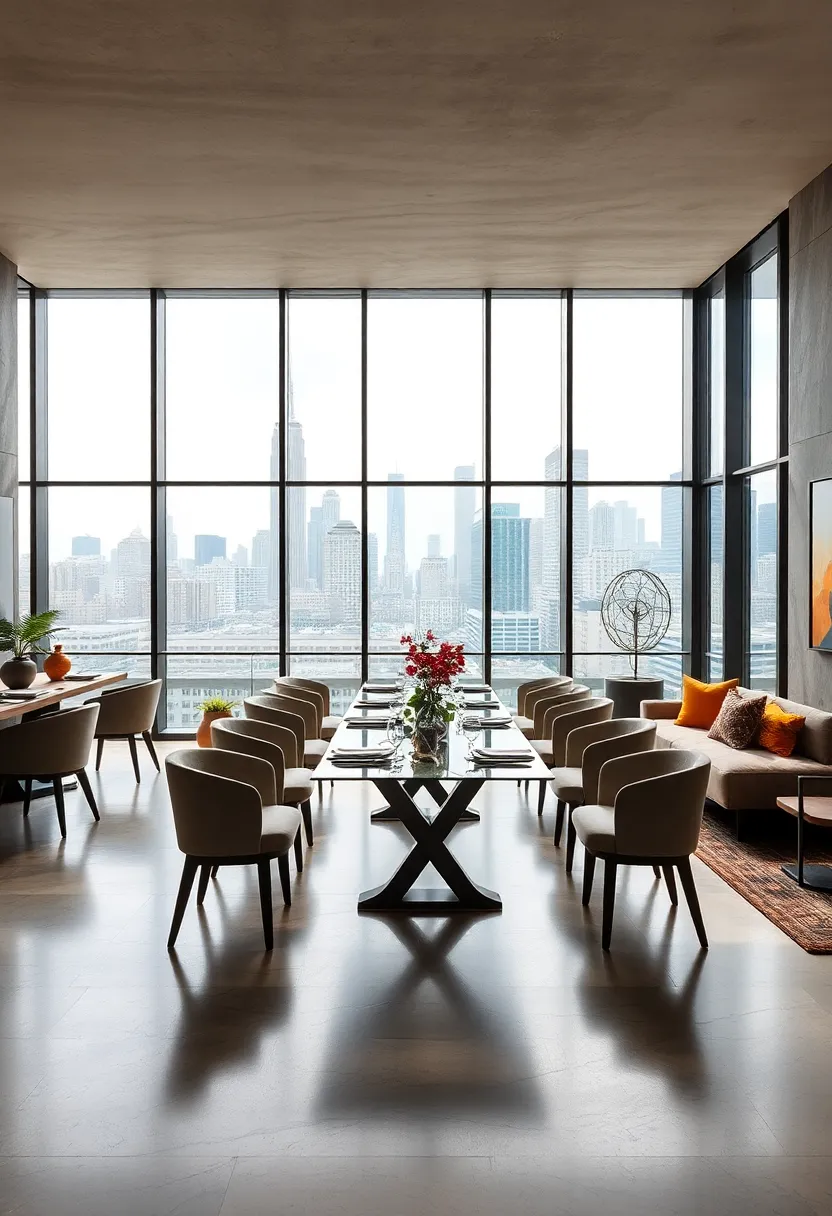 A sophisticated urban dining area where glass‌ walls⁢ provide panoramic views of​ the city⁤ skyline, blending luxury⁢ with metropolitan charm