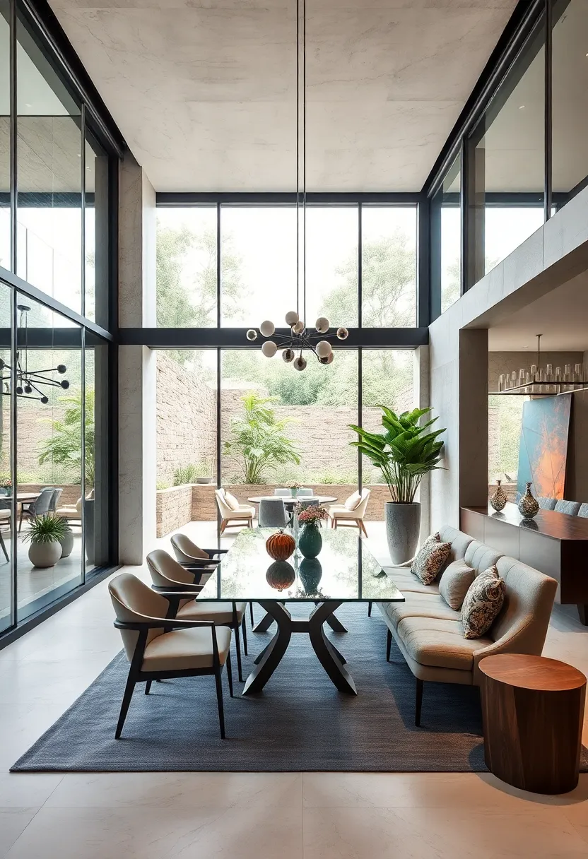 A sleek ⁢modern dining ⁢room ‍featuring glass walls paired with minimalist​ furnishings,​ creating an airy and ⁣open ambiance